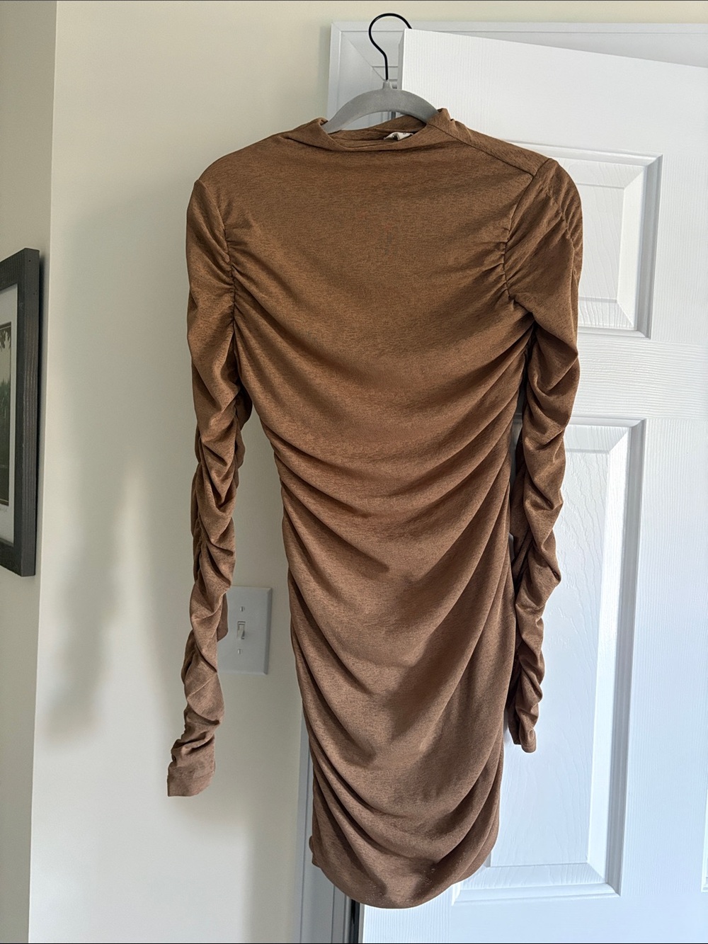Ruched Long Sleeve Brown Dress